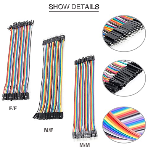 120 pcs 3 x 30CM Jumper Wire Cable Set 40pin Dupont Cable Male to Female, Male to Male, Female to Female Breadboard Dupont Line + 20 pcs pin Header Single Row 40pin 2.54mm PCB Header