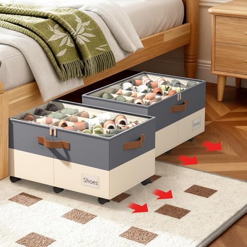 Foyego 2 Pack Shoe Organizer for Closet, with Wheels, Beige and Grey - color: Gray and Beige, size: 25 ½"L x 17"W x 12 ½"H-2 Pack