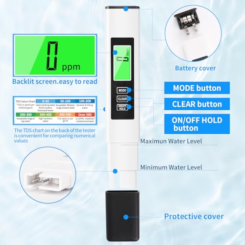 New 4 in 1 TDS Meter, TDS Meter Digital Water Tester, Accurate and Reliable, Water Tester,TDS EC and Temperature (° C/° F) Meter, 0-9990ppm,Used for Drinking Water and RO/DI Systems