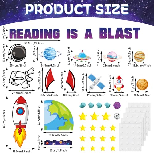 Outer Space Astronaut Bulletin Board Decorations Space Theme Classroom Bulletin Board Set Galaxy Borders Reading is A Blast Adventure Star Cutouts Back to School Preschool Chalkboard Wall Supplies - style: Outer Space