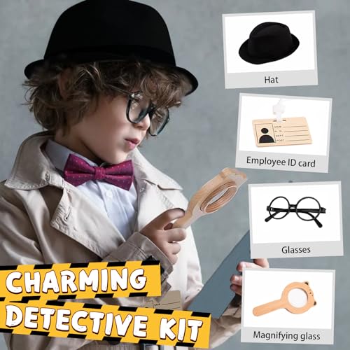 Spy Kit for Kids Detective Outfit Fingerprint Toys for 5 6 7 8 9 10 Year Old with Hat,Wooden Magnifying Glass and Detective Tools,Secret Agent Investigation Science Set,Spy Costumes for Kids 8-12
