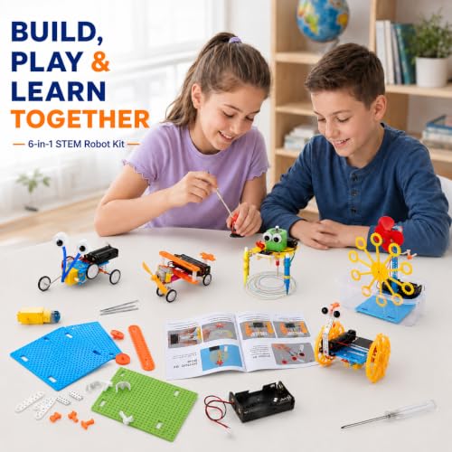 NewFamily 6-in-1 STEM Robot Building Kit, DIY Science & Engineering Project Set with Reptile Robot, Balance Car, Bubble Machine, Fiber Optic Lamp and Buzzer Wire Game