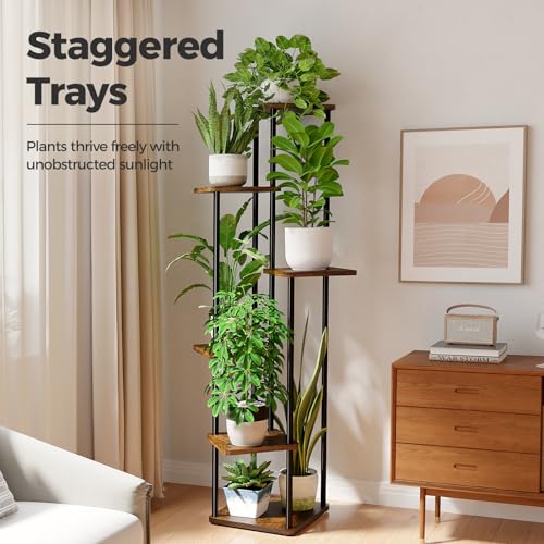Bamworld Tall Plant Stand Indoor Corner Plant Shelf for Multiple Plants - color: Brown Oak, size: 6 Tier