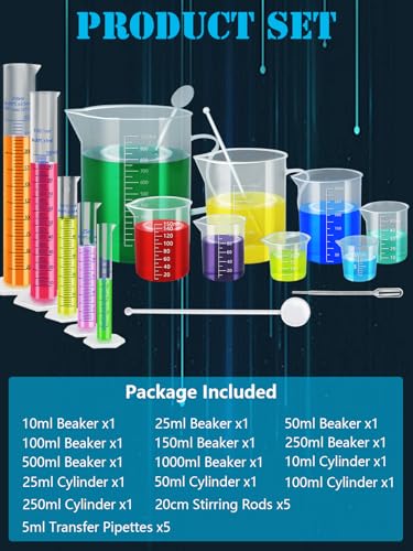 Artcome Plastic Graduated Cylinders and Beakers with 5 Pipettes, 10/25/50/100/250ml Cylinders, 10/25/50/100/150/250/500/1000ml Beakers, 5 Stirring Rods – Ideal for Science Lab, DIY, Halloween Decor