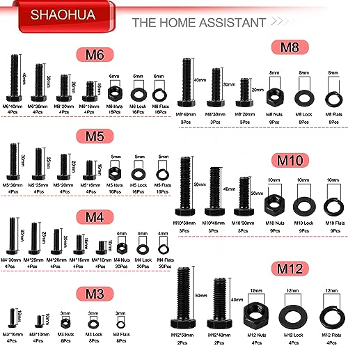 M3 M4 M5 M6 M8 M10 M12 Metric Bolt Assortment, Grade 8.8 Carbon Steel Hex Head Nuts and Bolts Assortment Kit, Hex Head Screw Bolt, Nuts, Flat & Lock Washers, Black, 328PCS - color: Black- 328PCS M3 M4 M5 M6 M8 M10 M12