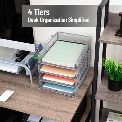 Mind Reader Stackable Paper Tray, Desktop Organizer, File Storage, Office, Metal Mesh, 10.5" L x 13.5" W x 11.25" H, 4 Pcs., Silver - color: Silver