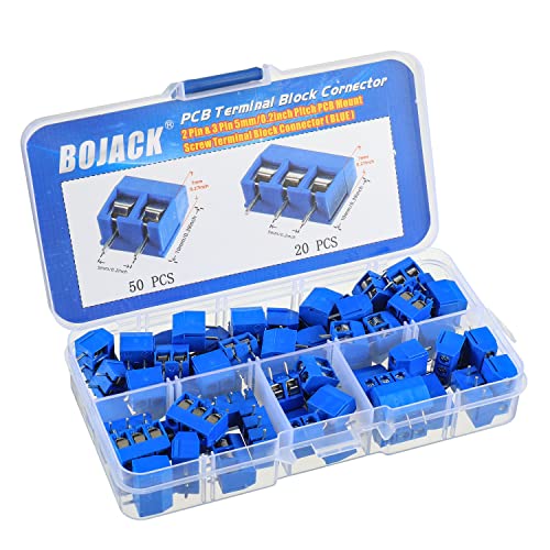 BOJACK Blue 5MM 2-Pin & 3-Pin Pitch PCB Mount Screw Terminal Block Connector for Arduino and Home Electronics Projects (Pack of 70) - color: Blue