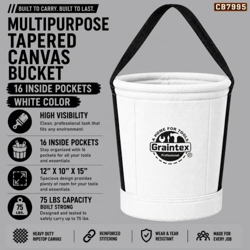 Graintex Canvas Utility Bucket 12"x10"x15". Tapered Tool Bucket, Reinforced Base & Carry Handle, Ripstop Canvas, Multi-Purpose Bag for Jobsite, Gardening, Home Use (White) - color: White