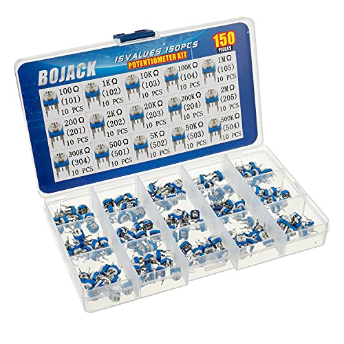 BOJACK 15 Values 150 pcs 100 Ohm- 2M Ohm Variable Resistor 6mm Potentiometer Assortment Kit packag in a Clear Plastic Box
