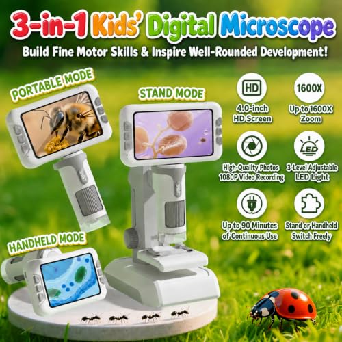 1600X Microscope for Kids, 4K 4.0" Digital Screen Kids Microscopes with Slides Kit, Handheld Microscope, Science Kits for Kids, STEM Toys for Christmas Birthday Gifts for 3-14 Girls Boys Child (Grey) - color: Grey