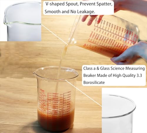 High Borosilicate Glass Measuring Cup-V-Shaped Spout,Glass Measuring Beaker for Kitchen or Restaurant, Easy to Read, 2000 ML (64 Oz, 8Cup) - size: 2000ML(64OZ)