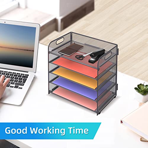 Supeasy 5 Trays Paper Organizer Letter Tray with Handle-Mesh Desk File Organizer, Grey Paper Sorter Desk Organizer for Office, Home or School - color: Gray