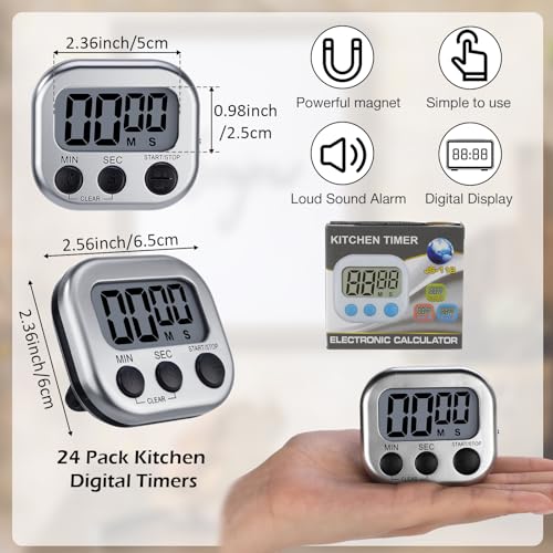 Leumoi 24 Pack Multi-Function Digital Timers with Magnetic Back, Large LCD Display, Loud Alarm, Count up & Countdown, Memory Function for Cooking, Classroom, Study, Exercise & Work(Sliver and Black) - color: Sliver and Black