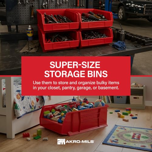 Akro-Mils 30280 Super-Size AkroBins Plastic Storage Bins, Space-Saving Stackable Bins for Garage, Classroom, Warehouse Organization, 20" L x 12" W x 6" H, Red, 4-Pack - color: Red, (4-Pack)