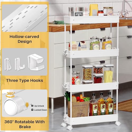 SPACEKEEPER Slim Rolling Storage Cart, 4 Tier Bathroom Cart Organizer,White - color: White