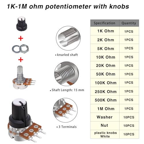 Taiss 40PCS Potentiometer Kit with Rotary knobs,WH148 B1K 2K 5K 10K 20K 50K 100K 250K 500K 1M Ohm potentiometers Assortment Single Linear Taper Rotary Audio B Type and Nuts,Washers - color: 20PCS