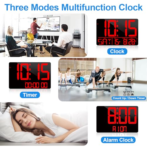 13" Bluetooth Auto Sync Wall Clock - Large Digital Alarm Clock with Remote - style: Red Numbers