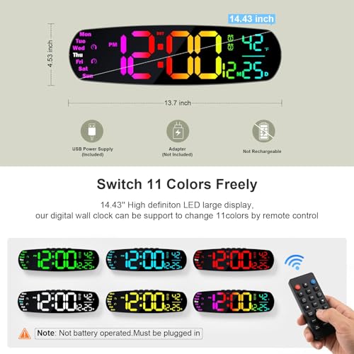 ANALOI Large Digital Wall Clock for Classroom, 14.4 inch Large Display - color: Vibrant