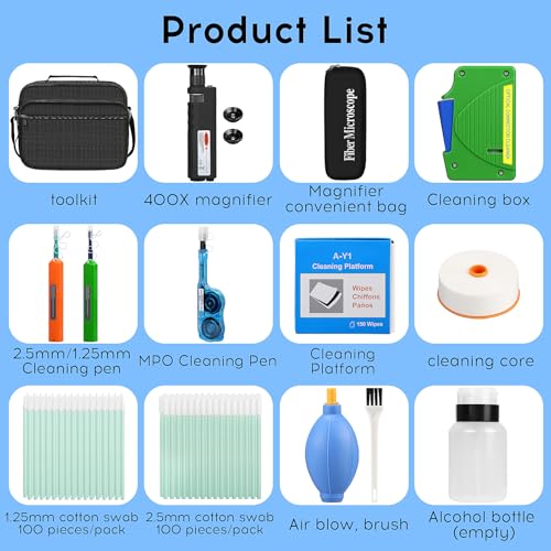 14 in 1 Fiber Optic Cleaning Kit, 400X Fiber Microscope FTTH Cleaner Set, SC LC MPO MTP 2.5/1.25mm Connector, Optical Fiber Cable Connector Endface Clean Tool Set,800+ Cleans,Fiber Cleaner Tools