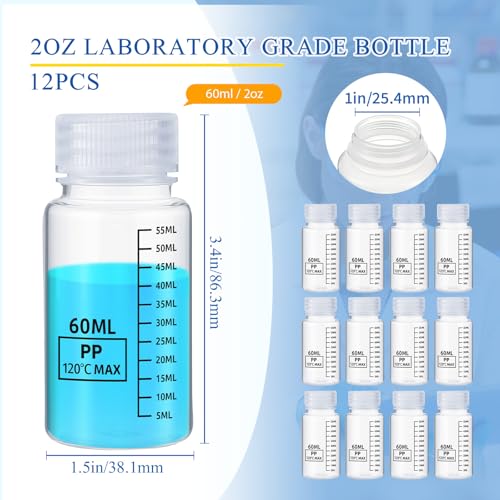 Tatuo 12 Pcs 2oz 60 ml Plastic Sample Bottles with Screw Cap, Liquid Containers with Lid for Lab Reagent Sample Medicine Pill Water Storage, Travel Bottles(Clear,Wide Mouth-Dark Scale) - color: Clear, size: 2 oz 60 ml, style: Wide Mouth-dark Scale