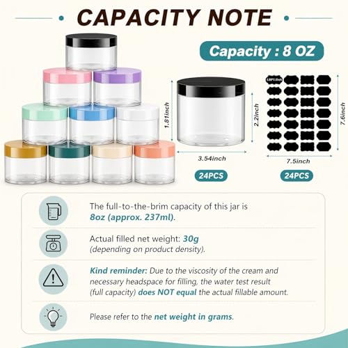 24 Pack 8 oz Clear PET Cosmetic Jars with Gold Lids and Labels for Creams - color: Clear with Gold Lid, size: 8 oz
