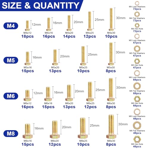 919 Pcs Grade 8.8 Metric Bolt Assortment, M4 M5 M6 M8 Heavy Duty Bolts and Nuts Kit, Yellow Zinc Plated, Length from 12-30mm (Yellow Box)