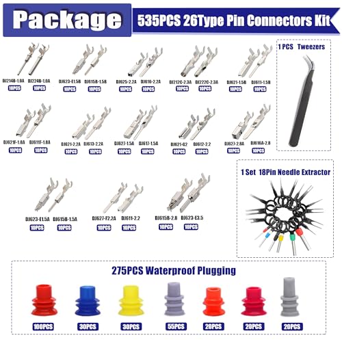 535PCS 26Type Pin Connectors Kit,Car Electrical Wire Pins 1/1.5/1.8/2.2/2.8/3.5mm Automotive Pin Connectors Kit Wire Removal Non-Insulated Plug Male Female Crimp - size: 535PCS 26 Type