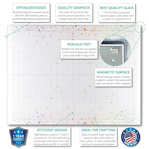 GLASSBOARD STUDIO Glass Craft Mat - Magnetic, Heat & Scratch Resistant - For Crafting, Cutting, Painting, Mixed Media Artwork - Grid Lines, Non-Slip Rubber Feet (Color Burst 13.5”L x 18”W) - color: Color Burst, size: 13.5"L x 18"W