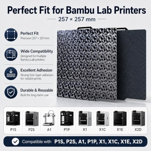 Build Plate for Bambu Lab P1S P2S X2D A1 X1C X1 X1E P1P, 257x257mm Dual-Surface Spring Steel Sheet, Small Diamond PEO + Carbon Fiber PET, Excellent Adhesion, Flexible 3D Printer Platform - color: Small Diamond PEO+Carbon Fiber PET