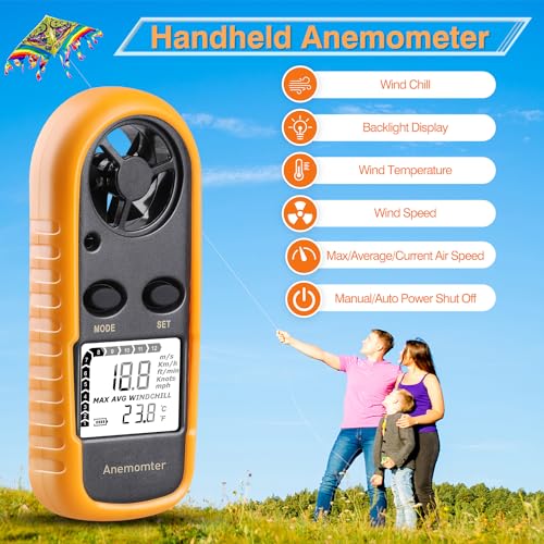 Digital Anemometer Handheld, Wind Speed Meter Wind Gauges Air Flow Velocity Meter for Measuring Wind Chill Temperature Speed, Wind Meter Thermometer Gauge for Shooting Windsurfing Fishing Hunting