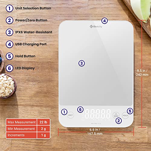 Etekcity 22lb Food Kitchen Scale, USB Rechargeable, IPX6 Waterproof - color: Achromatic White