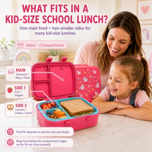 MISS BIG Bento Lunch Box for Kids, Pink Unicorn, 3 Compartments, 800ml - color: Pink Unicorn