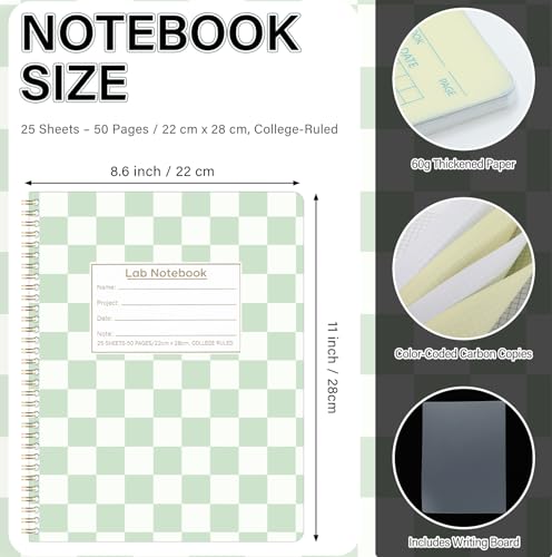 Affrolling Checkerboard Carbonless Lab Notebook Student Cute Carbon Copy 8.5'' x 11'' 25 Sets of Pages 53 Pages Total Laboratory Engineering Chemistry Computation Science Grid Women(Green Checkered) - color: Green Checkered
