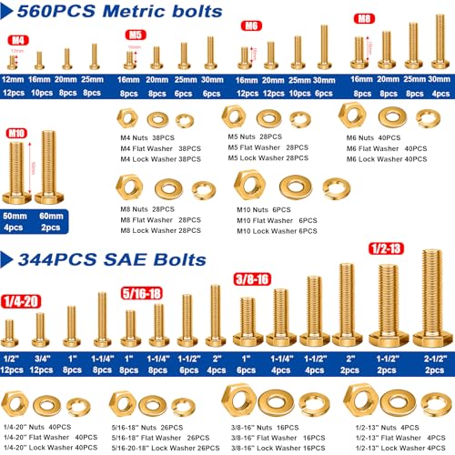 Taiss 904pcs Grade 8.8 Metric Bolt Assortment & SAE Nuts and Bolts Assortment Kit,M4 M5 M6 M8 M10 1/4-20,5/16-18,3/8-16 1/2-13(12-60mm) Heavy Duty Hex Bolt Washer Yellow Zinc Plated,with Handheld Box - color: Gold-904PCS
