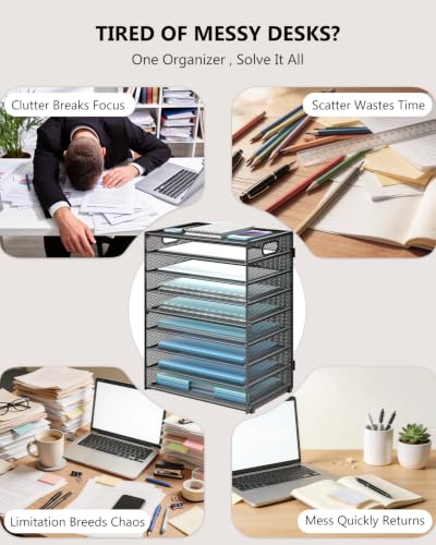 WALI Desk File Organizer, 9 Tier Desktop Paper Letter Tray Organizer with Handle, Office Desk Accessories & Workspace Organizers for Office, Home, School Supplies, 1 Pack, Black - color: Black, size: 9-Tier