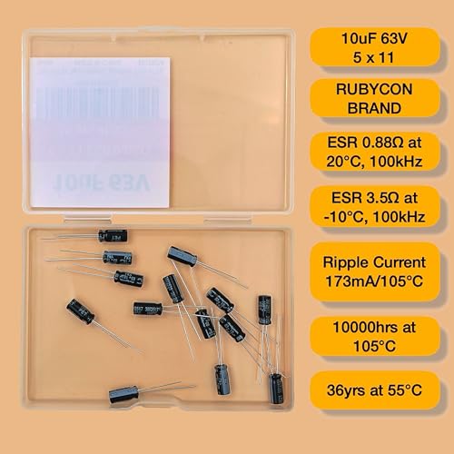 10uF 63V 5x11mm Rubycon Electrolytic Capacitor Low ESR 0.88Ω Long Life 36yrs at 55 Degree C mfd mircofarad Micro Farad Radial Lead Aluminum Capacitors (Pack of 15) - style: 10uF 63V 5x11mm Rubycon