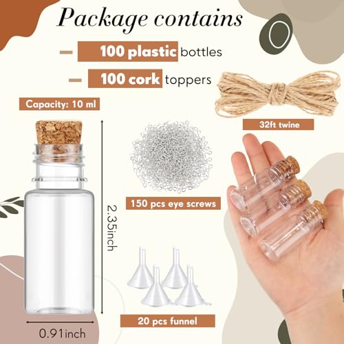 Bokon 100 Packs 10ml Mini Plastic Bottles with Corks Eye Screws Funnels - size: 10ml