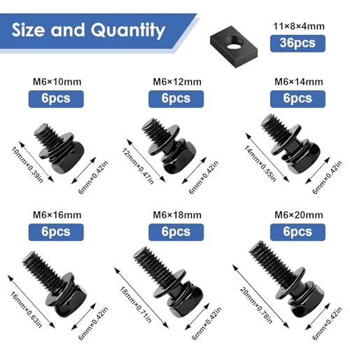 Tnisesm 72PCS Battery Terminal Motorcycle Bolts and Nuts Kit M6x10/12/16/18/20mm 304 Stainless Steel Battery Bolt with Square Nut for ATV Bike, Motorcycle, Scooter(Black) - size: M6-BK-72PCS