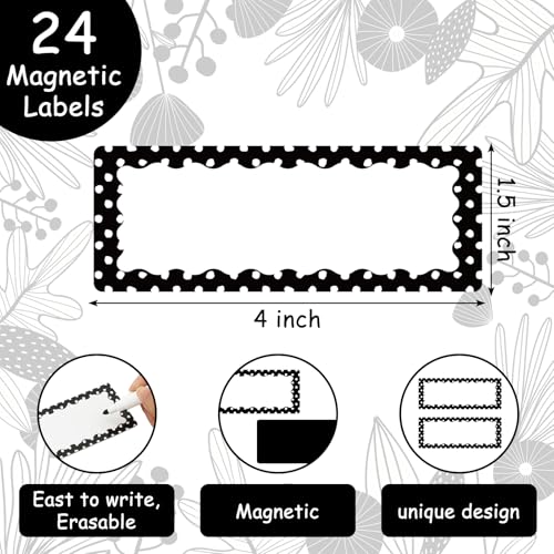 Whaline 24 Pcs Dry Erase Magnetic Labels Back to School White Painted Dot on Black Reusable Name Tag Magnets with Erasable Pencil for DIY Whiteboard Fridge - color: Black