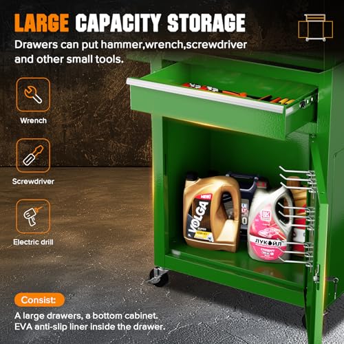 Oakcloud Heavy-Duty 5-Drawer Rolling Tool Chest & Cabinet Combo with Black Liner – Lockable Steel Garage Tool Box on Wheels – Detachable Top Toolbox & Bottom Storage Cart with Side Hooks, Green - color: Green, size: 5-drawer