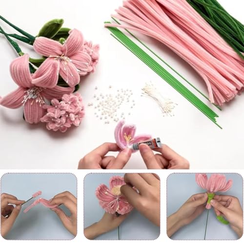 500 Pcs Pipe Cleaners Flower Kit,5 Colors Chenille Stems with Guide&Tools - color: Pink