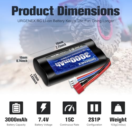 Li-ion Battery 7.4V 3000mAh High Capacity with Dean-Style T Plug 2S Rechargeable RC Battery Fit for WLtoys 4WD High Speed RC Cars and Most 1/10, 1/12, 1/16 Scale RC Cars Trucks with Charger