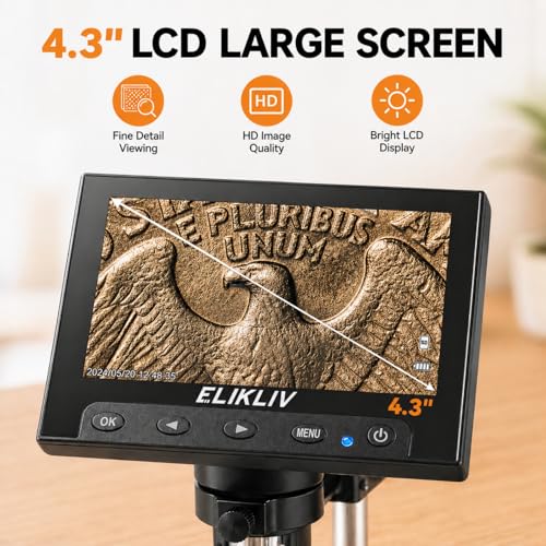 Elikliv Microscope, Digital Coin Microscope 1000x with Lights, EDM4, 4.3'' - color: White