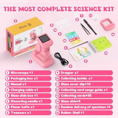 1200X Microscope for Kids, 2 in 1 Handheld & Desktop Digital Microscope with 9 Slides Science Kit, Portable Microscope HD Screen Video Record, STEM Educational Toys Gifts for Ages 6-12 Boys Girls
