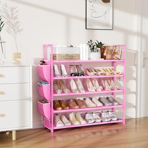 VILICK Shoe Rack for Closet Shoe Organizer Space Saver Storage for 20-25 Pair Shoe Shelf with Hook and Side Pocket Free Standing 5 Tier Shoe Rack Organizer for Entryway,Small Spaces, Pink - color: Pink, size: 33.5"W - 5 Tier