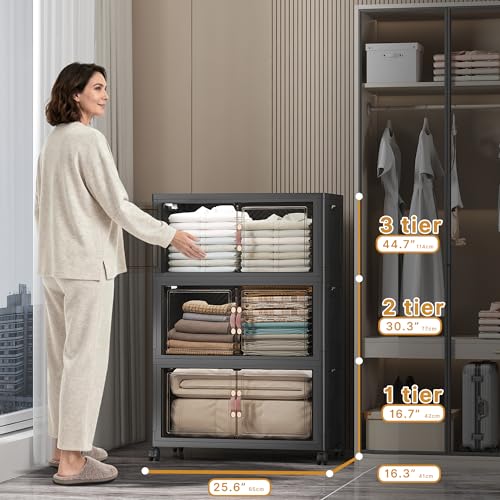 UAMFURI Stackable Storage Bins, 336QT Collapsible Drawers with 1 Lid - color: Dark-112QT, size: 3Pack with 1 top lid