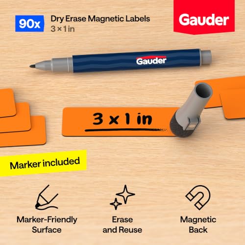 GAUDER Magnetic Labels Writable - Reusable Magnet Tags for Whiteboard, Chalkboard, Kanban Board and Refrigerator - Magnet Cards with Marker (90 Pack - 3 x 1 Inches) - color: Orange