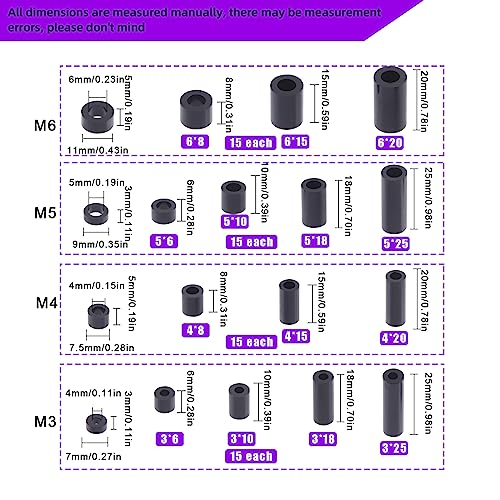Swpeet 270Pcs 18 Sizes Black Nylon Round Spacer Standoff Screw Nut Assortment Kit, Nylon ABS Plastic Standoff, Length 3mm 5mm 6mm 8mm 10mm 12mm 18mm 20mm 25mm for M3 M4 M5 M6 Screws Prototyping