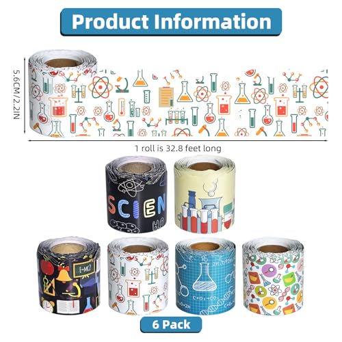 6 Rolls 196.8 Ft Decorative Science Bulletin Board Borders Set – Colorful Classroom Trim – Science Theme for Teachers, Schools & Office Decor -Perfect for Birthday, Back to School Theme - style: B-Science Style