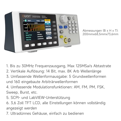 OWON Waveform Generator,30MHz Bandwidth, 125MSa/s Sampling Rate, 14 bits Vertical Resolution, 8K Waveform Length,5 Basic Waveforms, and 160 built-in Arbitrary Waveforms, with 3.6IN LCD Display DGE1030 - style: DGE1030